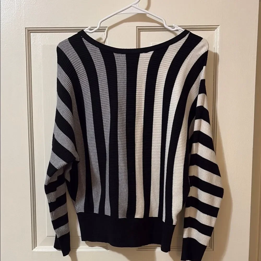 Tahari Black, White & Gray Striped V-Neck Sweater